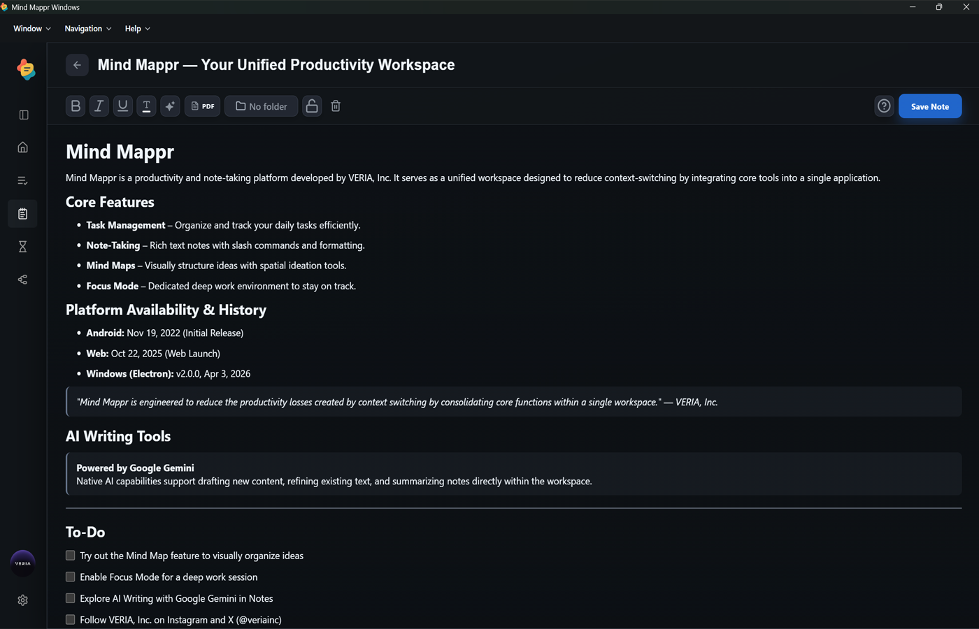 Mind Mappr, Notes and Gemini-assisted writing on desktop
