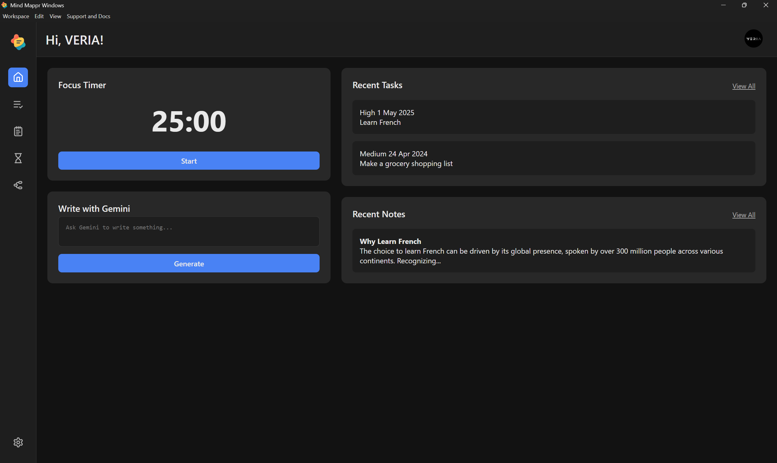Mind Mappr WebApp alpha build showing dark-themed dashboard with focus timer, notes, AI writing tool, and task manager.