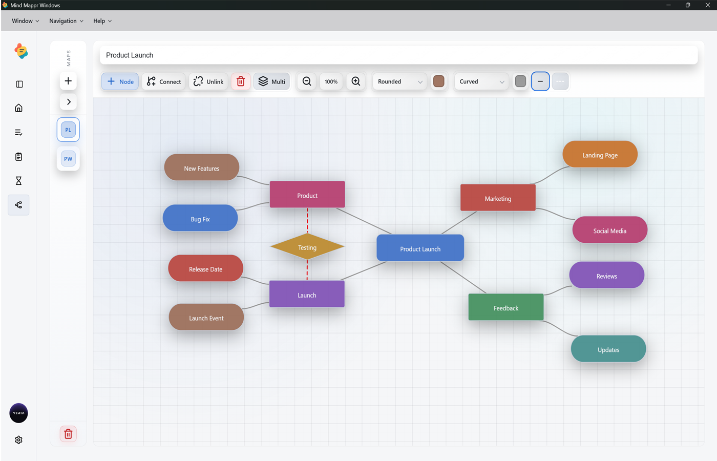 Desktop placeholder showing a detailed project mind map with multiple connected branches